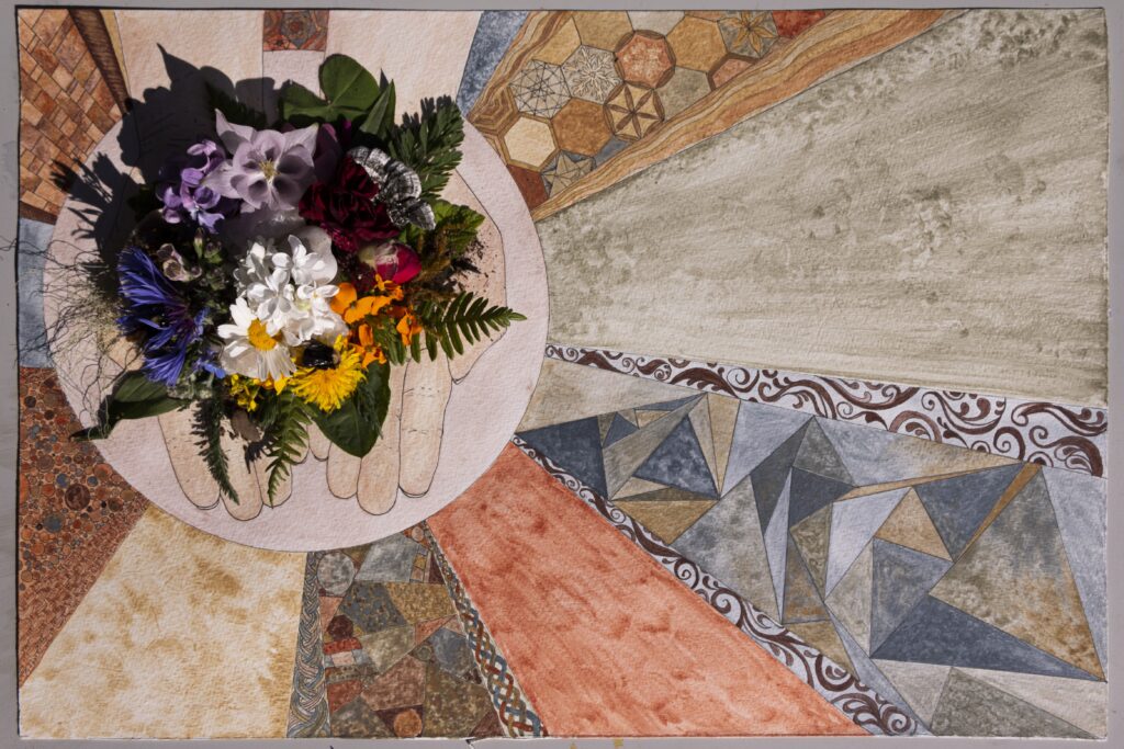 photo of a painting: geometric stripes and shapes painted with natural pigments. hands. a bouquet of flowers is placed atop the art piece.
