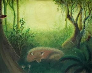 Acryclic painting of a sleeping fo in a sunny forest with mushrooms