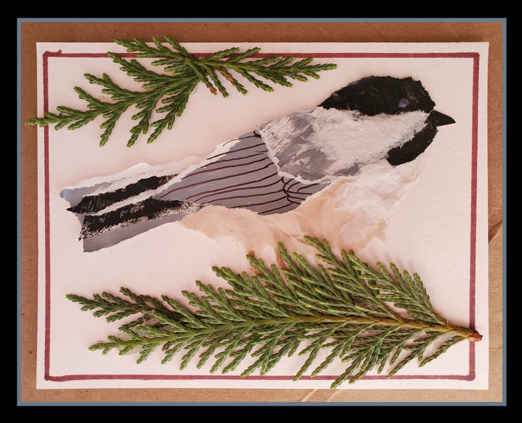 mixed media greeting card of a chickadee