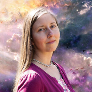 photo of stephanie with a composite background of sky, clouds, and birds